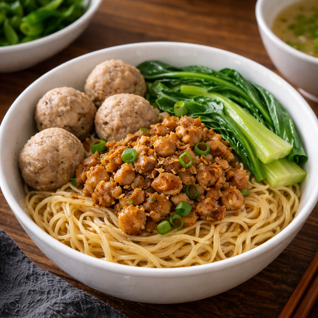 Mie Ayam Bakso dengan bakso kenyal dan kuah kaldu gurih